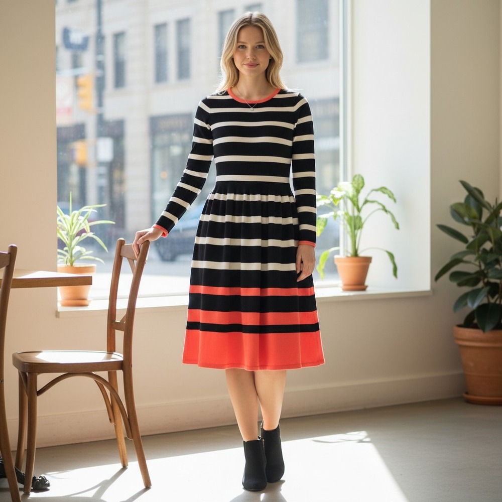 Eliza J Sweater Dress Womens S Black White Coral Striped Fit Flare Fall Office